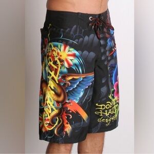 Vintage Ed Hardy Dragon Rose Board Shorts Black Multicolor Beach Resort-34